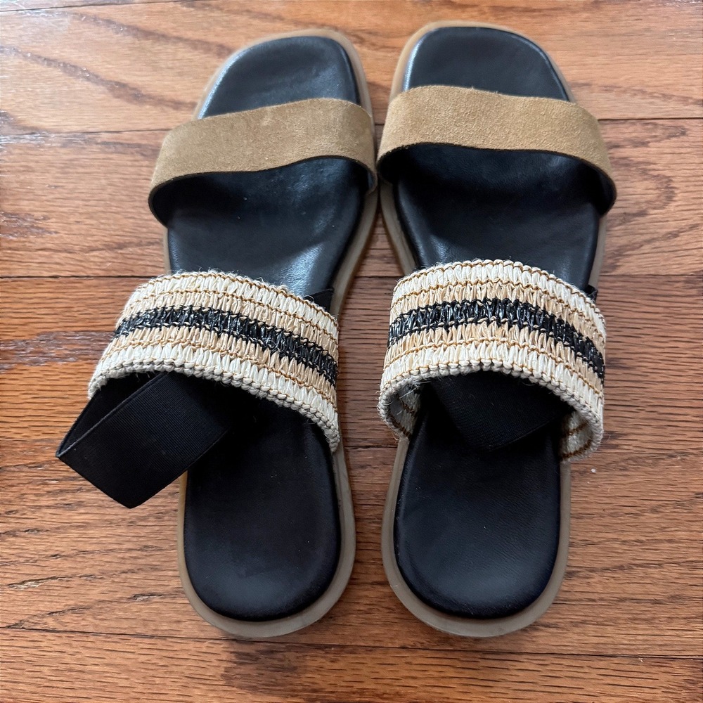 Woven Raffia Festival Suede Slingback 8 Sandal Tan Black Striped Flat Italy Boho